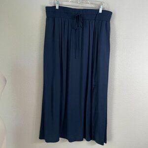NEW Chicos Womens Large Satin Maxi Skirt Navy Blue Elastic Waist Pull On